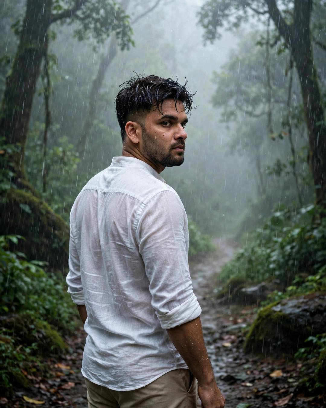 Young man in white linen shirt on a misty rain-soaked forest path looking back over his shoulder