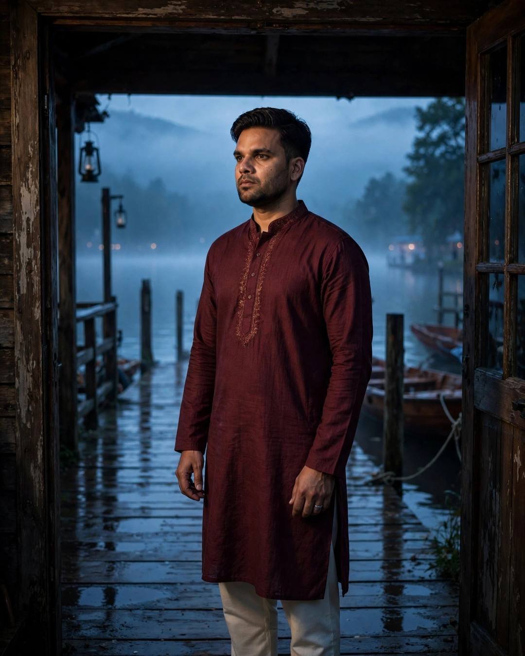 Young man in maroon kurta standing in a wooden doorway overlooking a misty lake pier at blue hour