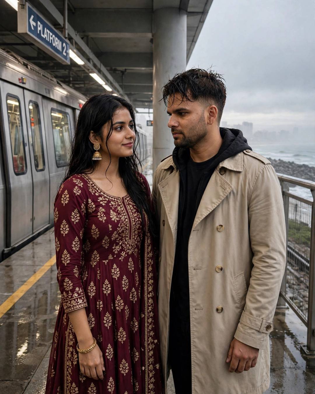 Couple sharing a tender look on a rain-wet seaside metro platform, woman in maroon anarkali, man in beige trench coat