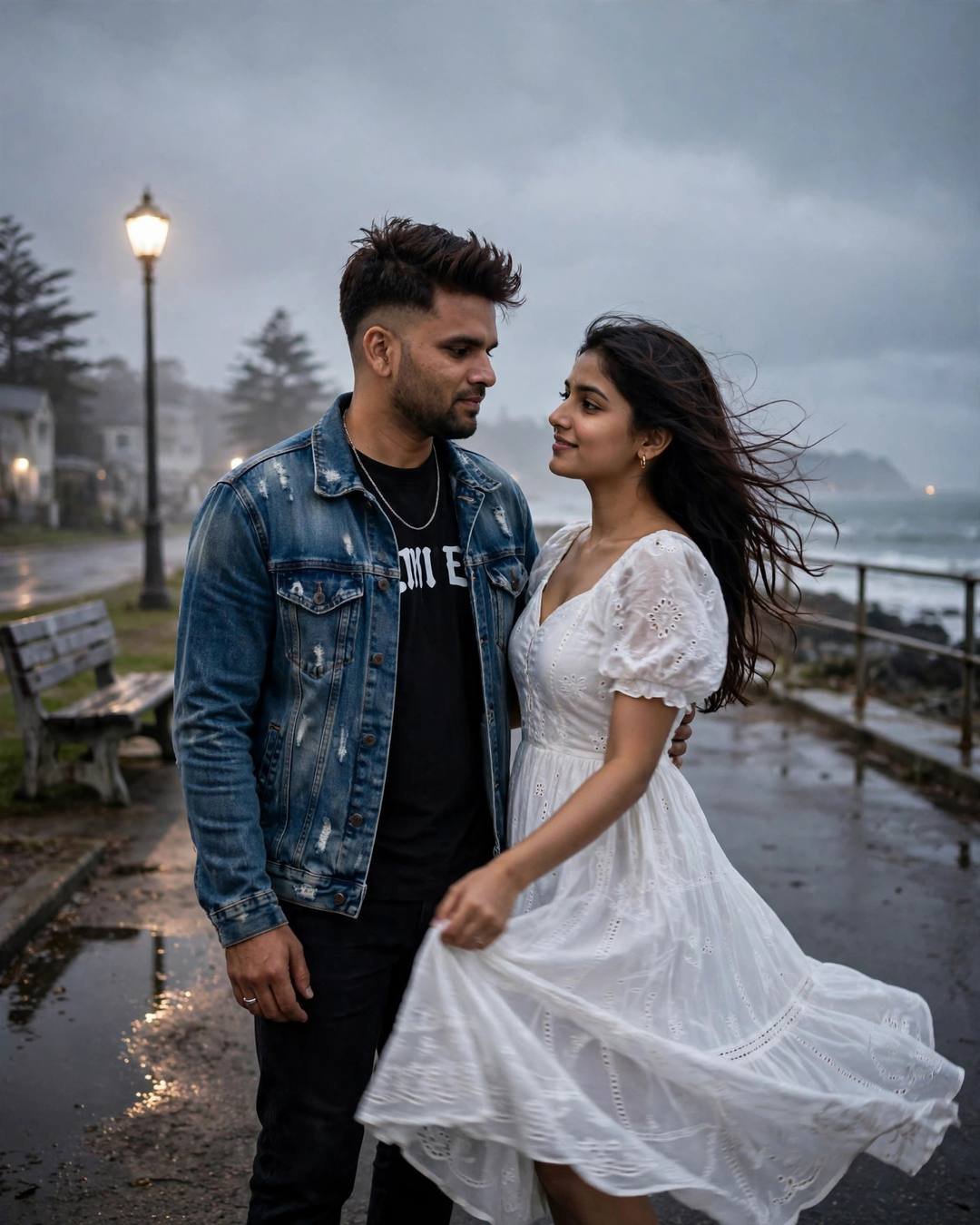Couple slow-dancing at midnight on a wet seaside promenade, woman in flowing white dress, man in denim jacket, lone lamp glowing