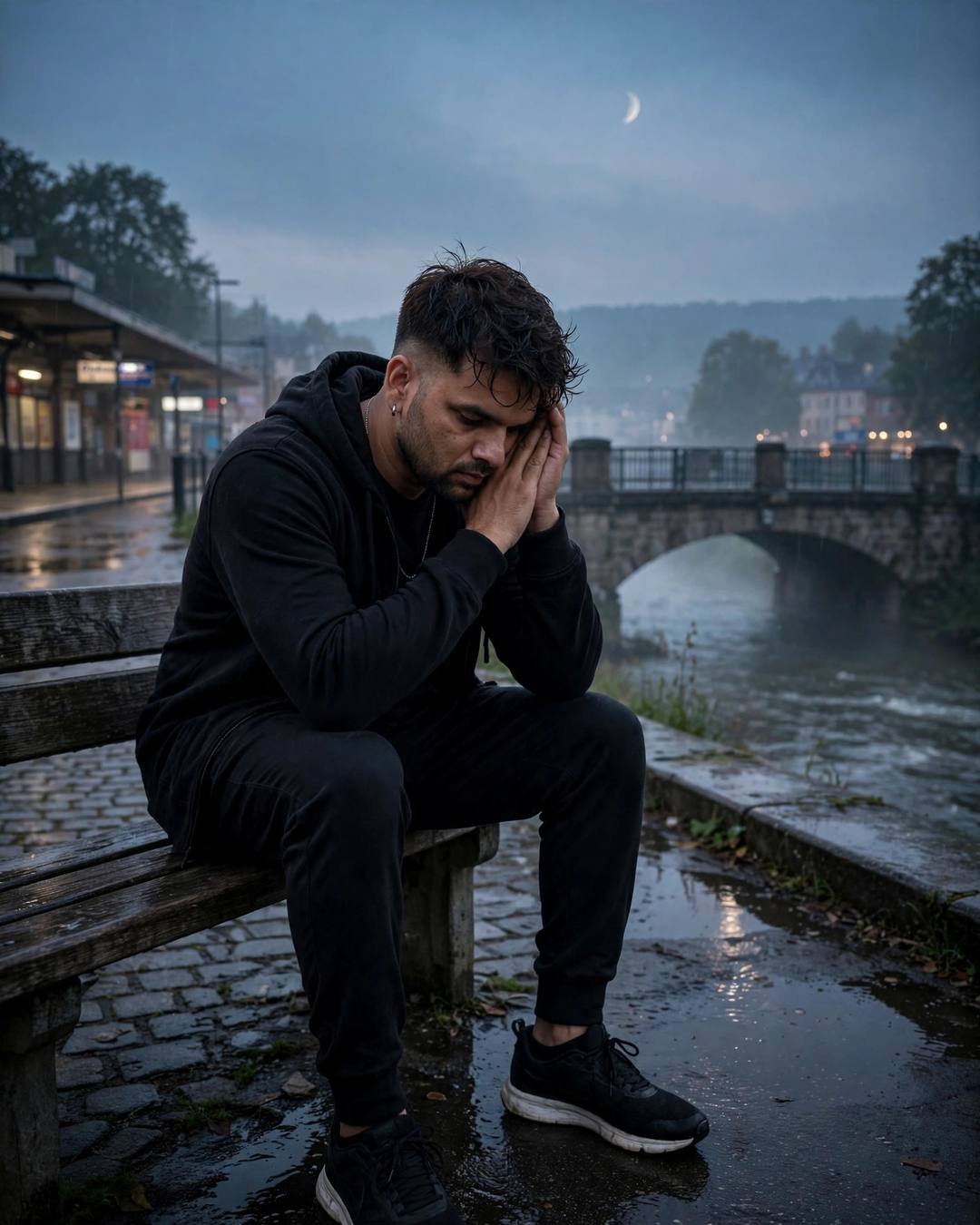 Young Indian man in all-black streetwear sitting on a wet riverside bench at dawn under a crescent moon