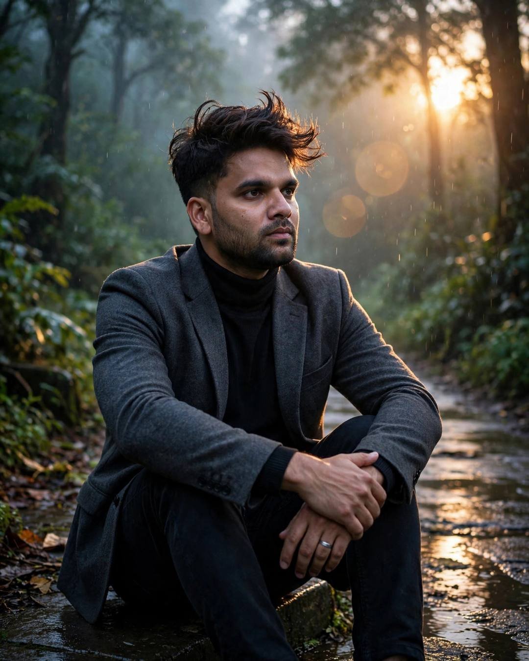 Young Indian man in a charcoal blazer sitting on a misty forest path in golden backlight