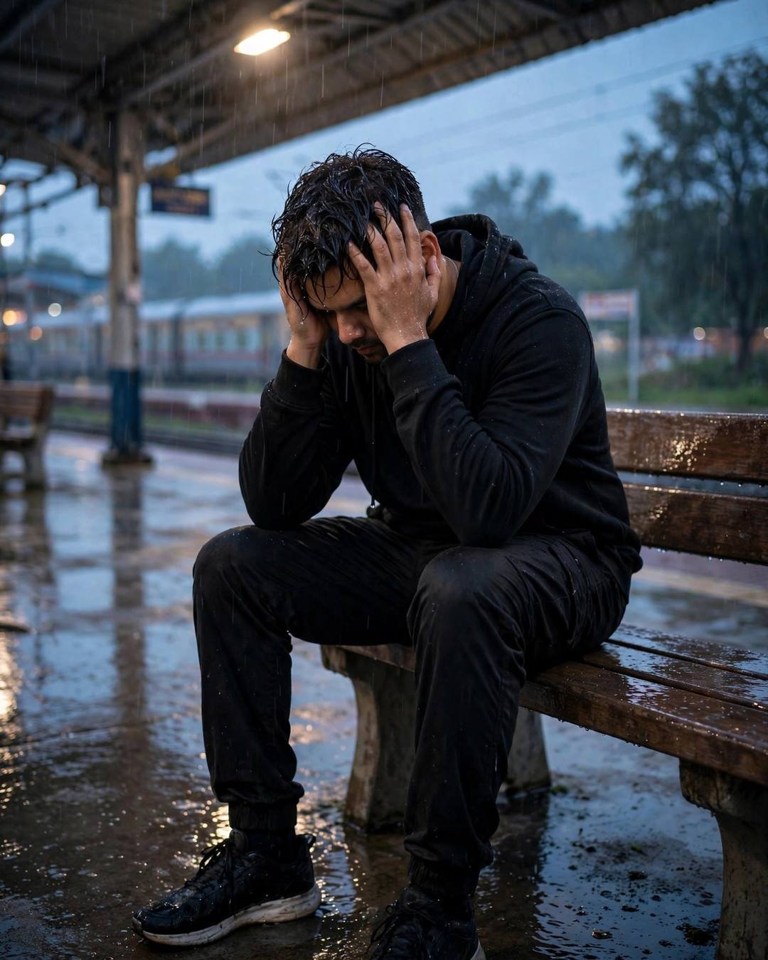 Young Indian man in all-black streetwear sitting on a rain-wet station bench at blue hour