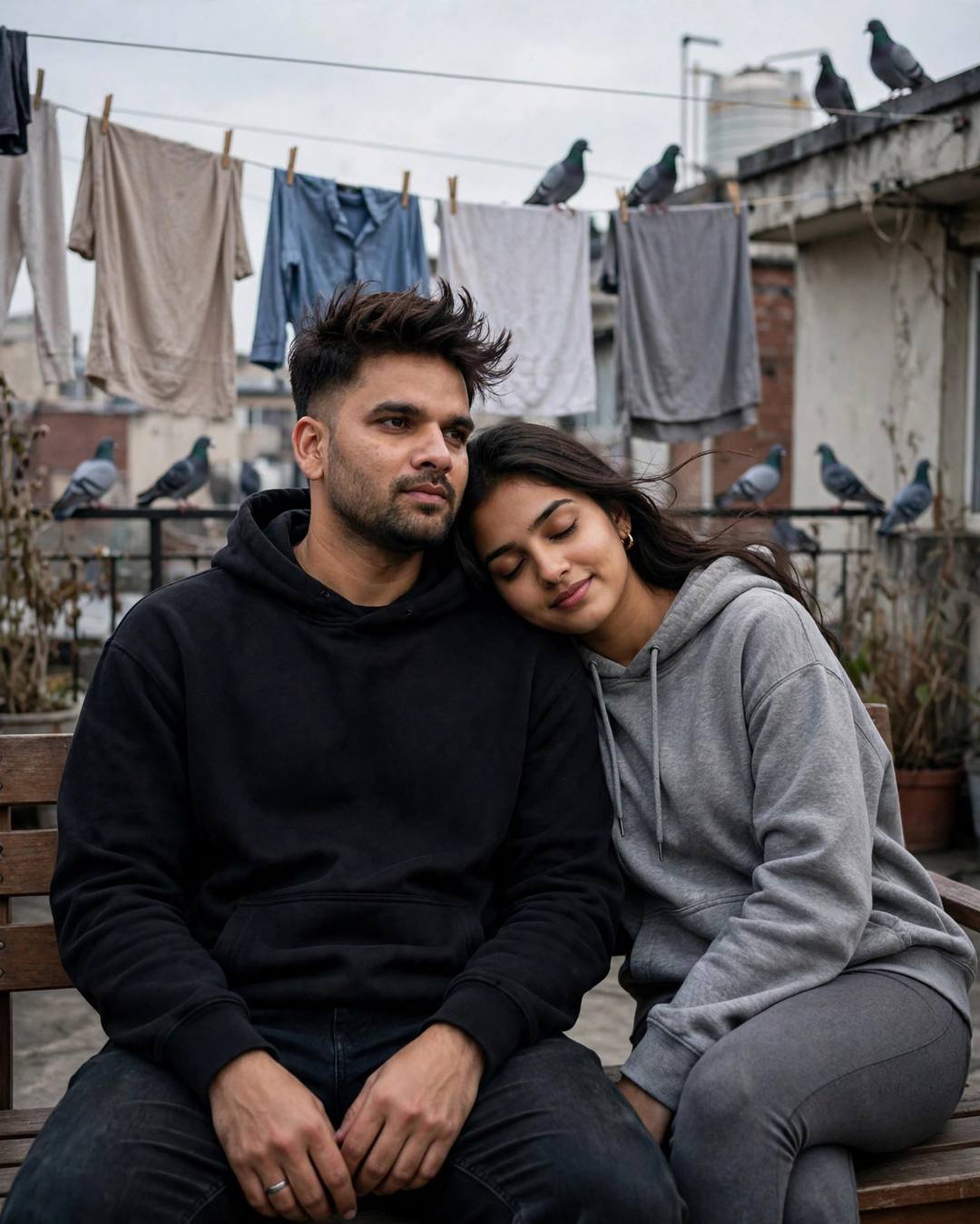 Young couple sitting close on a terrace bench with drying clothes lines and pigeons, her head on his shoulder