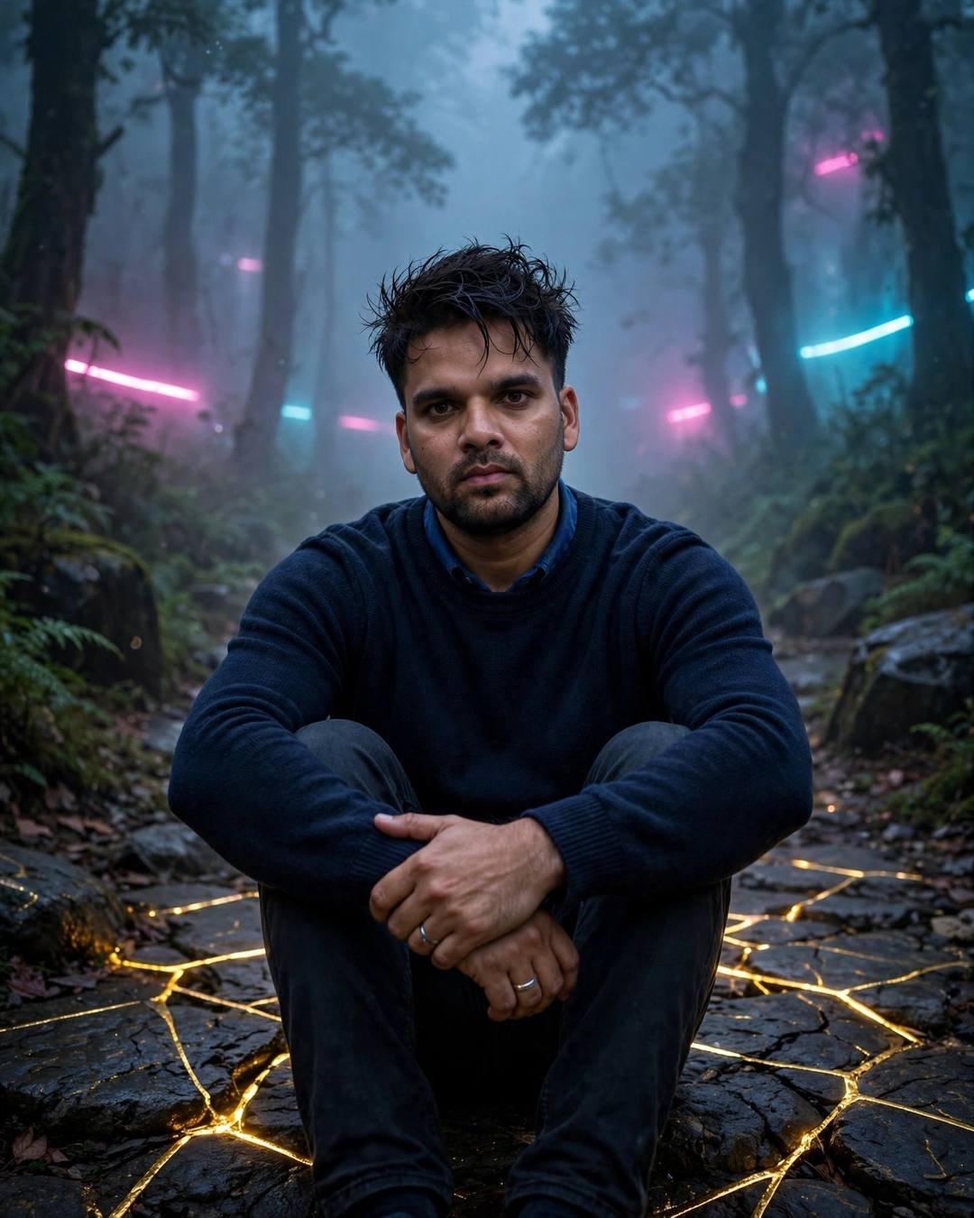Man sitting with knees drawn up on a misty forest path with golden cracks in the stone, fist raised, neon pink and cyan in the fog