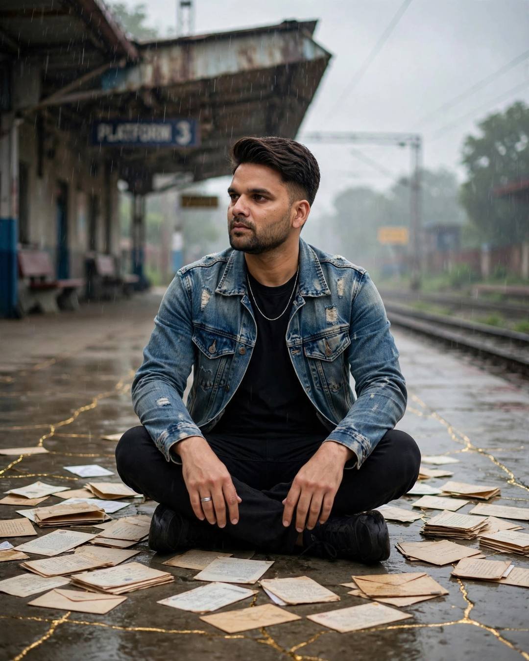 Man sitting cross-legged on a rainy railway platform surrounded by scattered old letters, denim jacket, golden cracks in the concrete