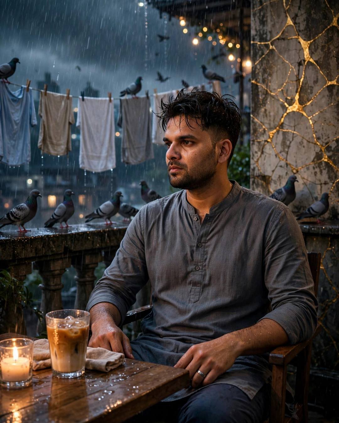 Man in a grey kurta sitting at a terrace cafe table in heavy monsoon rain with a cold coffee, pigeons and drying laundry around