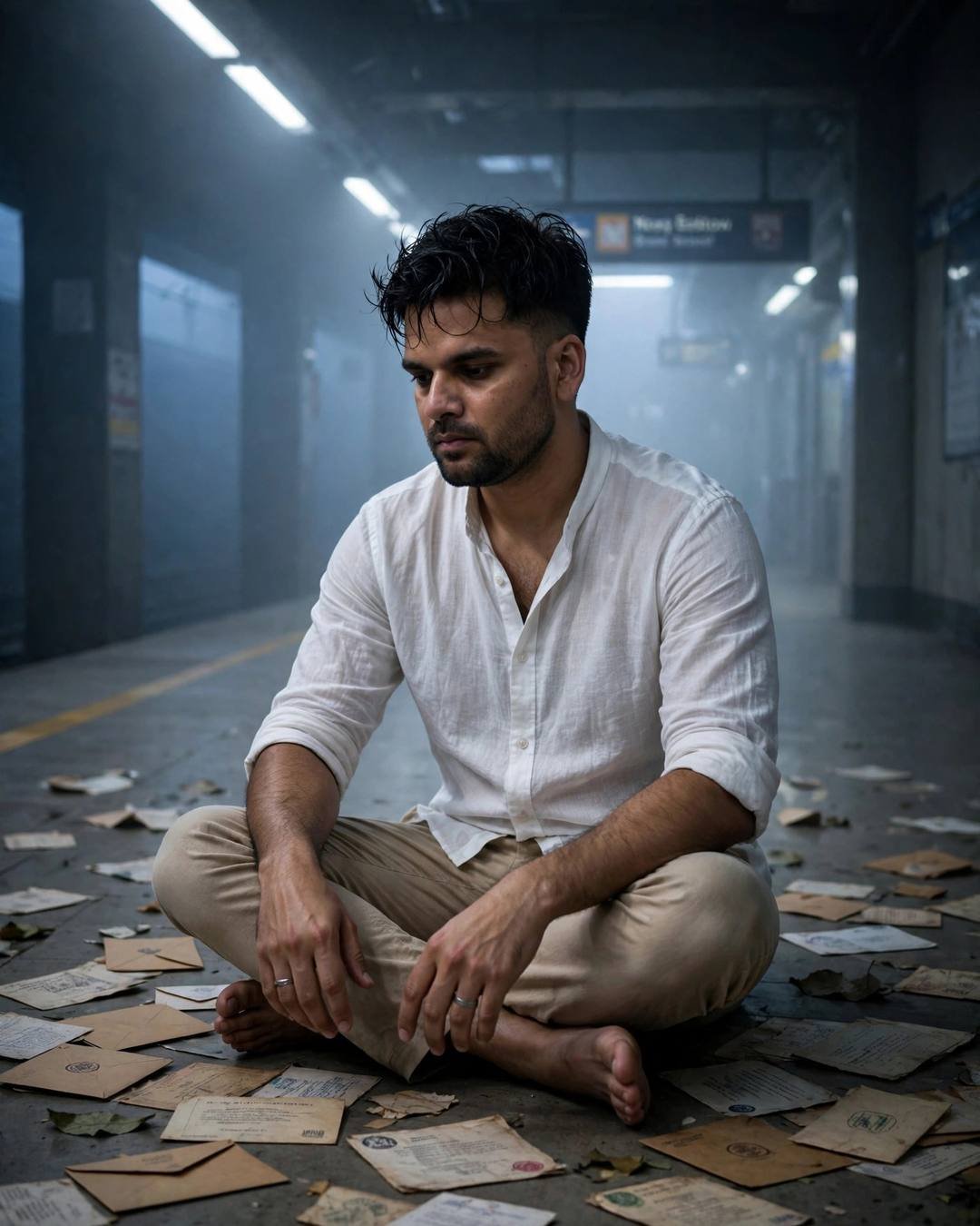 Young Indian man in white linen shirt sitting cross-legged on a foggy metro station floor surrounded by old letters, blue hour gloom