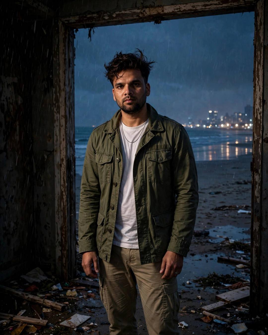 Young Indian man in olive field jacket standing in a weathered doorway at dusk, half in shadow, bonfire on a deserted beach, city lights across water