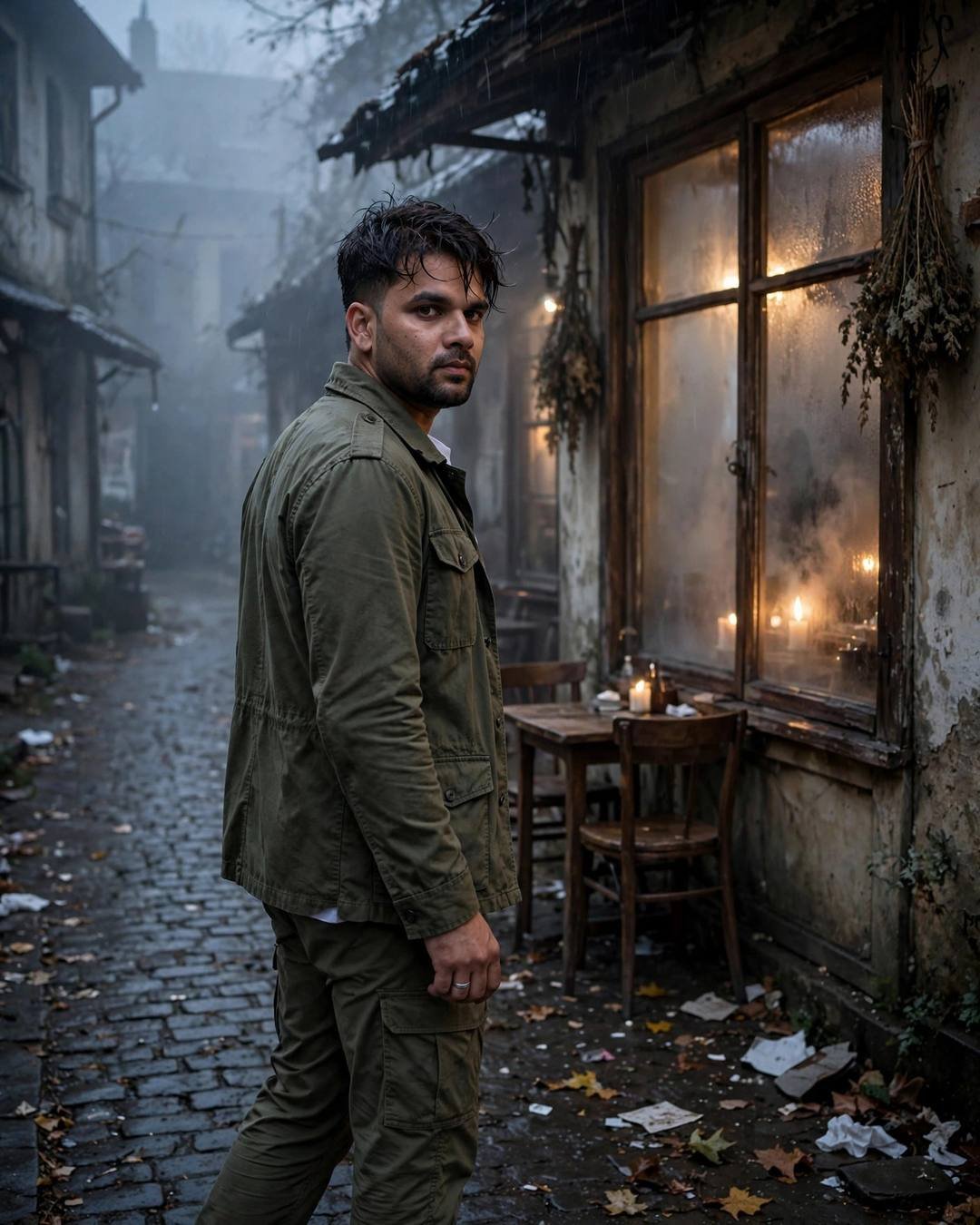 Young Indian man in olive field jacket walking away down an empty cobbled path at night, looking back over shoulder, old cafe with candlelit fogged window