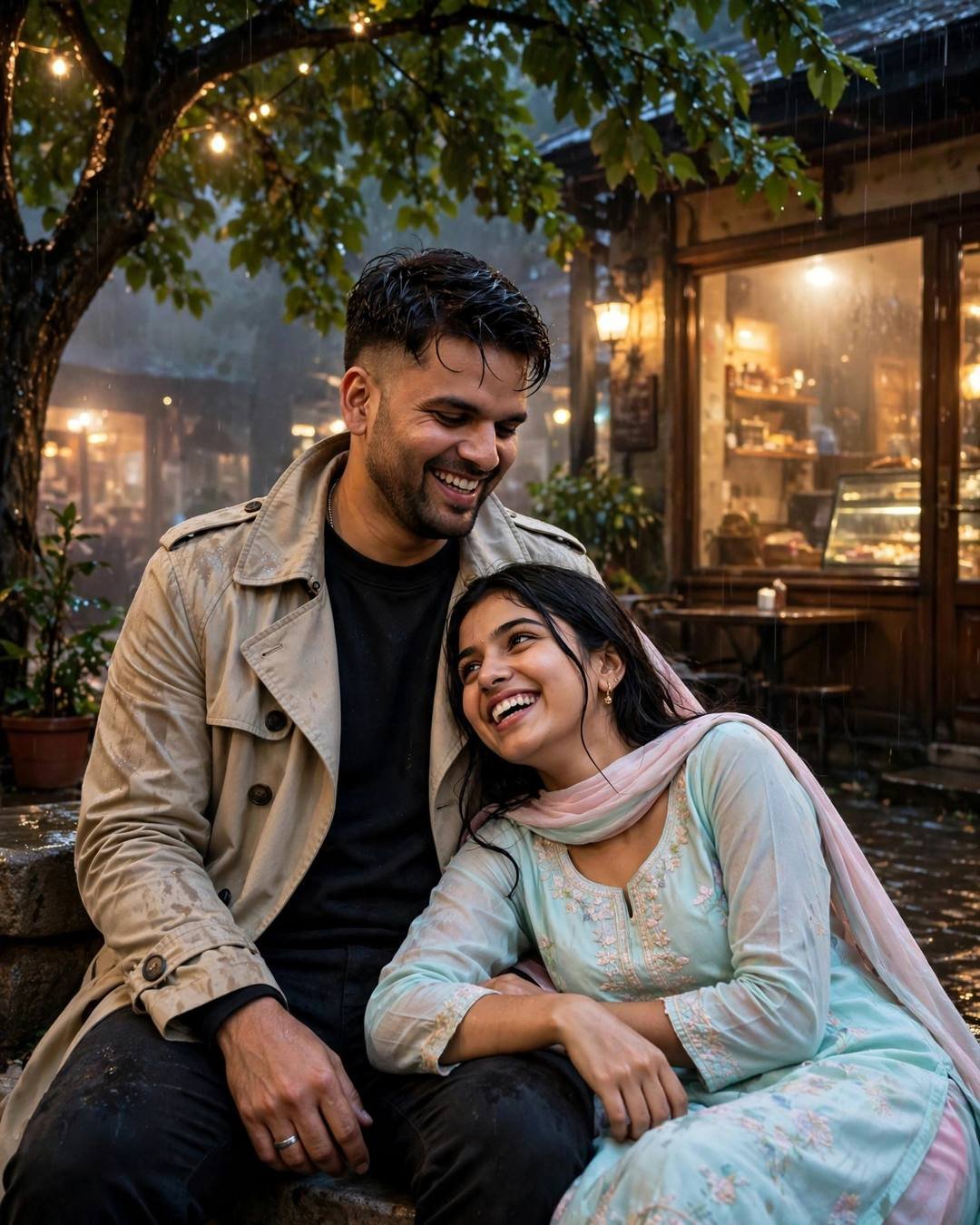 Couple laughing together under a rain-lit tree at an old cafe, fogged golden windows, string lights overhead