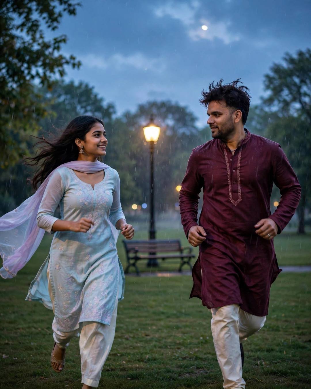 Couple running laughing across a rain-wet field at blue hour, man in maroon kurta, woman in pastel salwar-kameez, moon and lone lamp