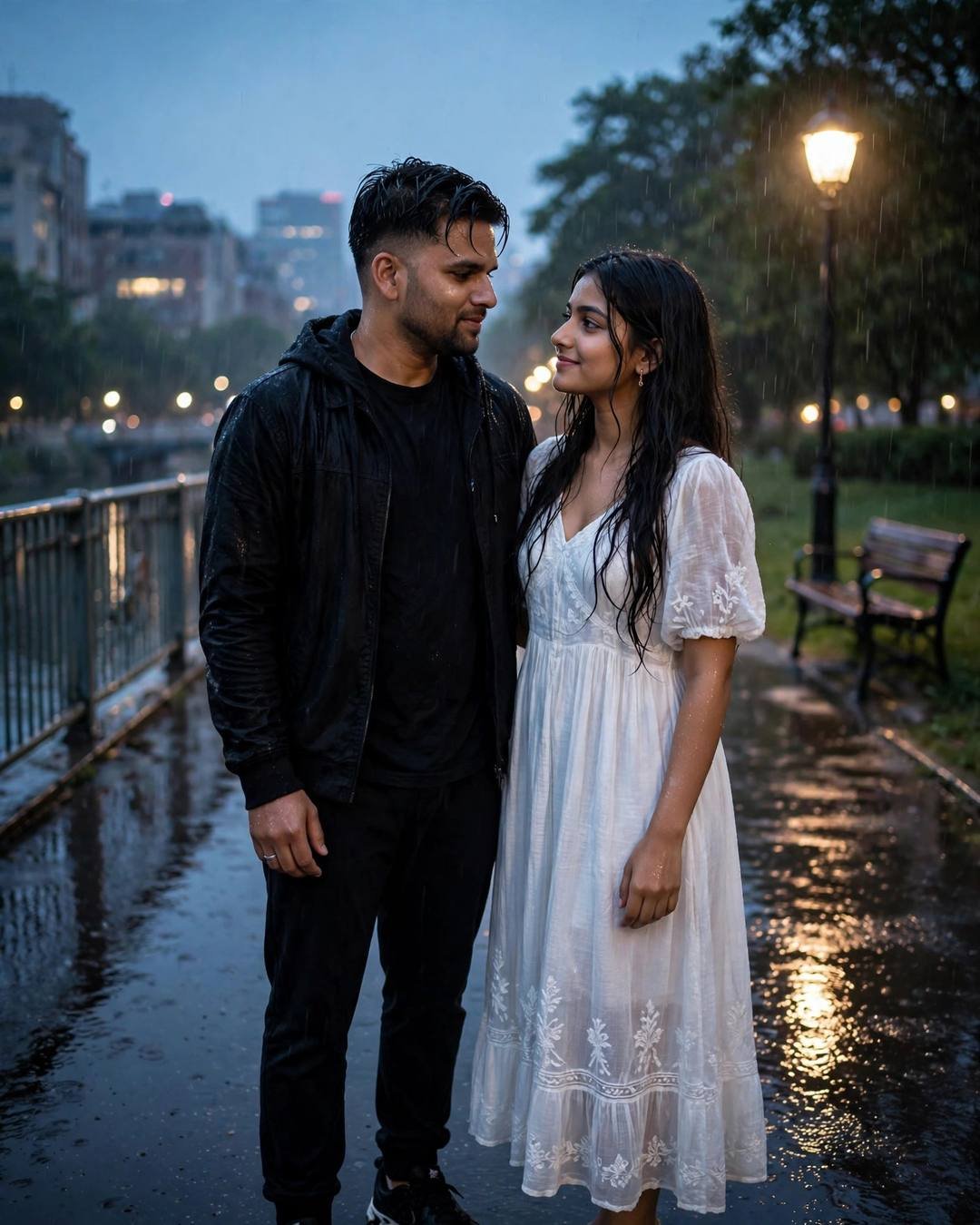 Couple gazing at each other on a rain-wet bridge at blue hour, man in all-black streetwear, woman in white dress, city glowing behind