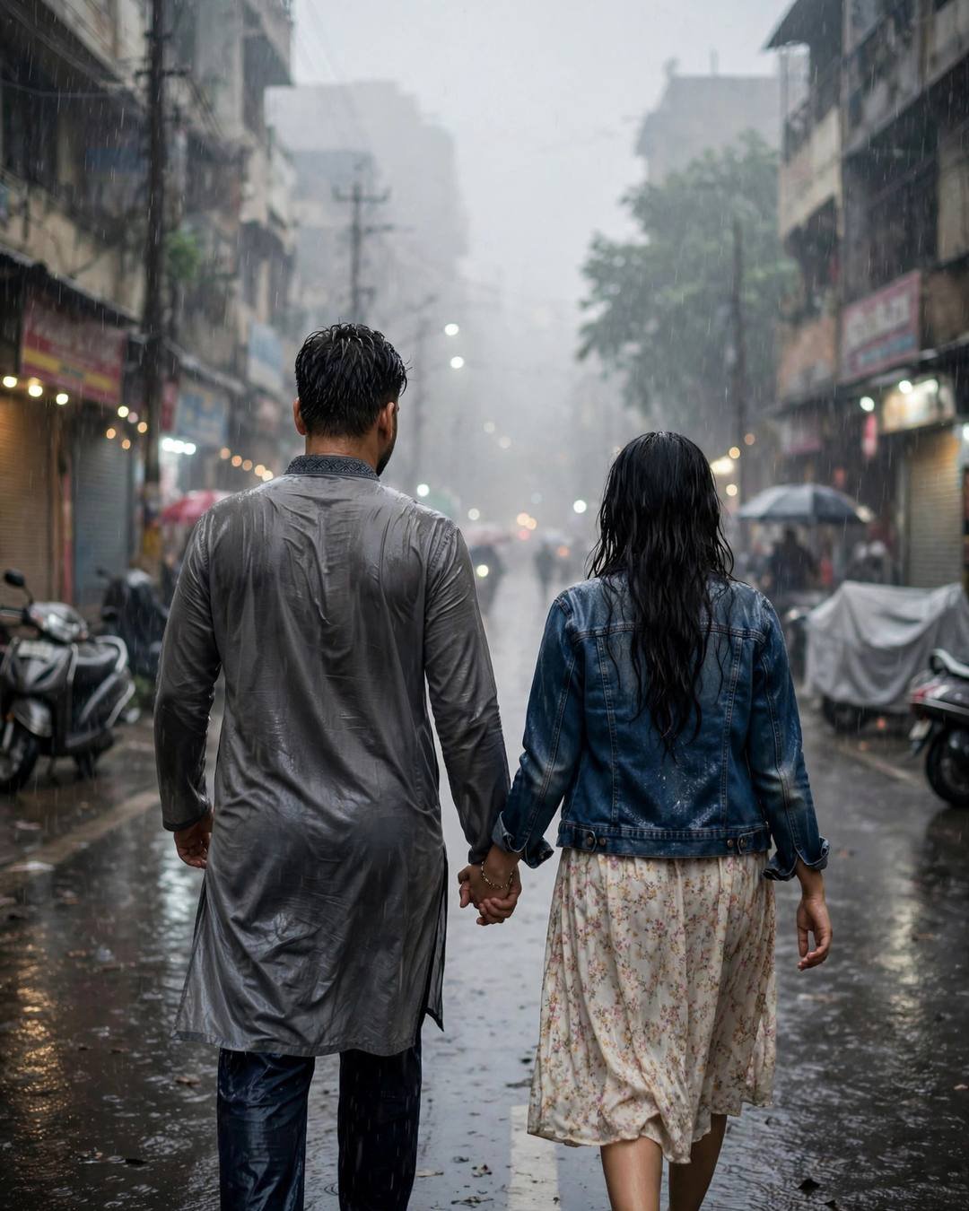 Couple walking hand in hand away down an empty rain-soaked city street at midnight