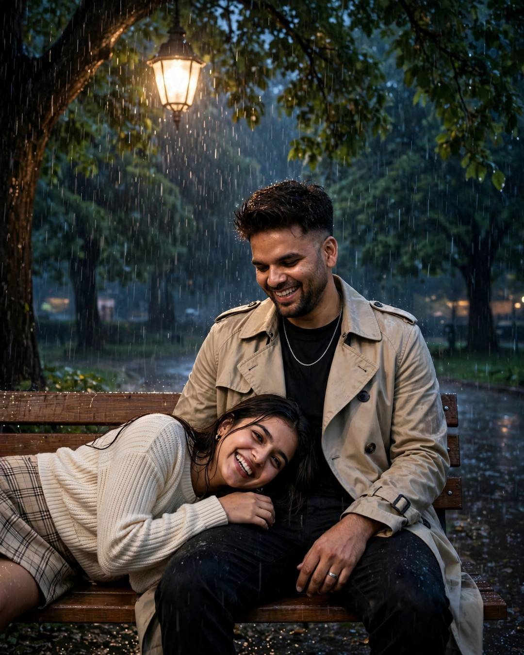 Couple laughing on a park bench under a hanging lamp in heavy midnight rain, woman's head in the man's lap