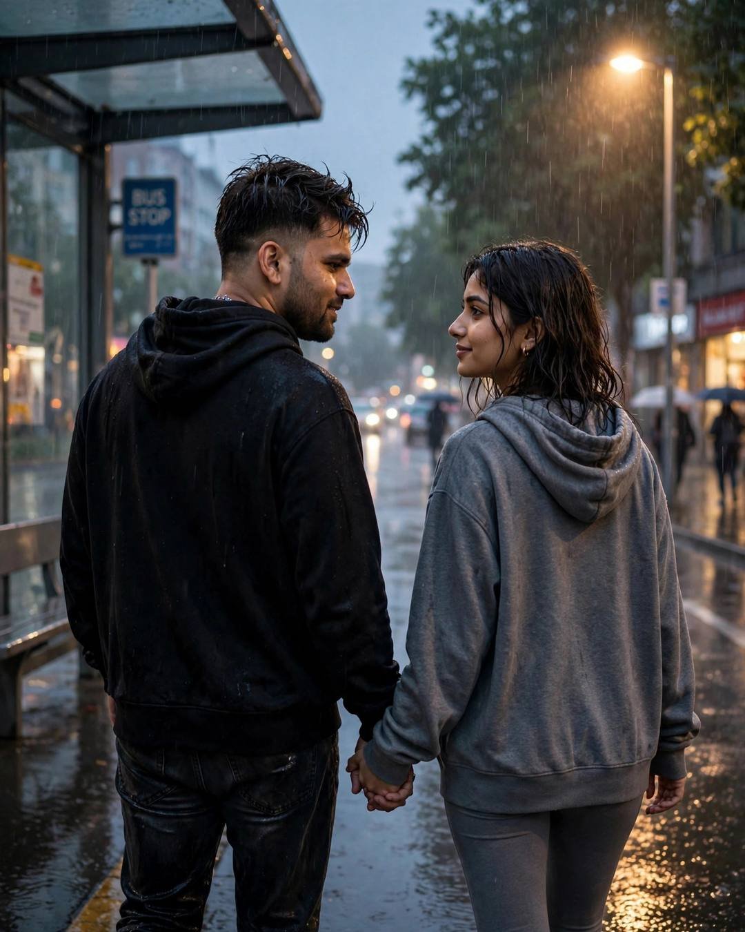 Couple walking hand in hand at a rainy bus stop, paused and gazing at each other