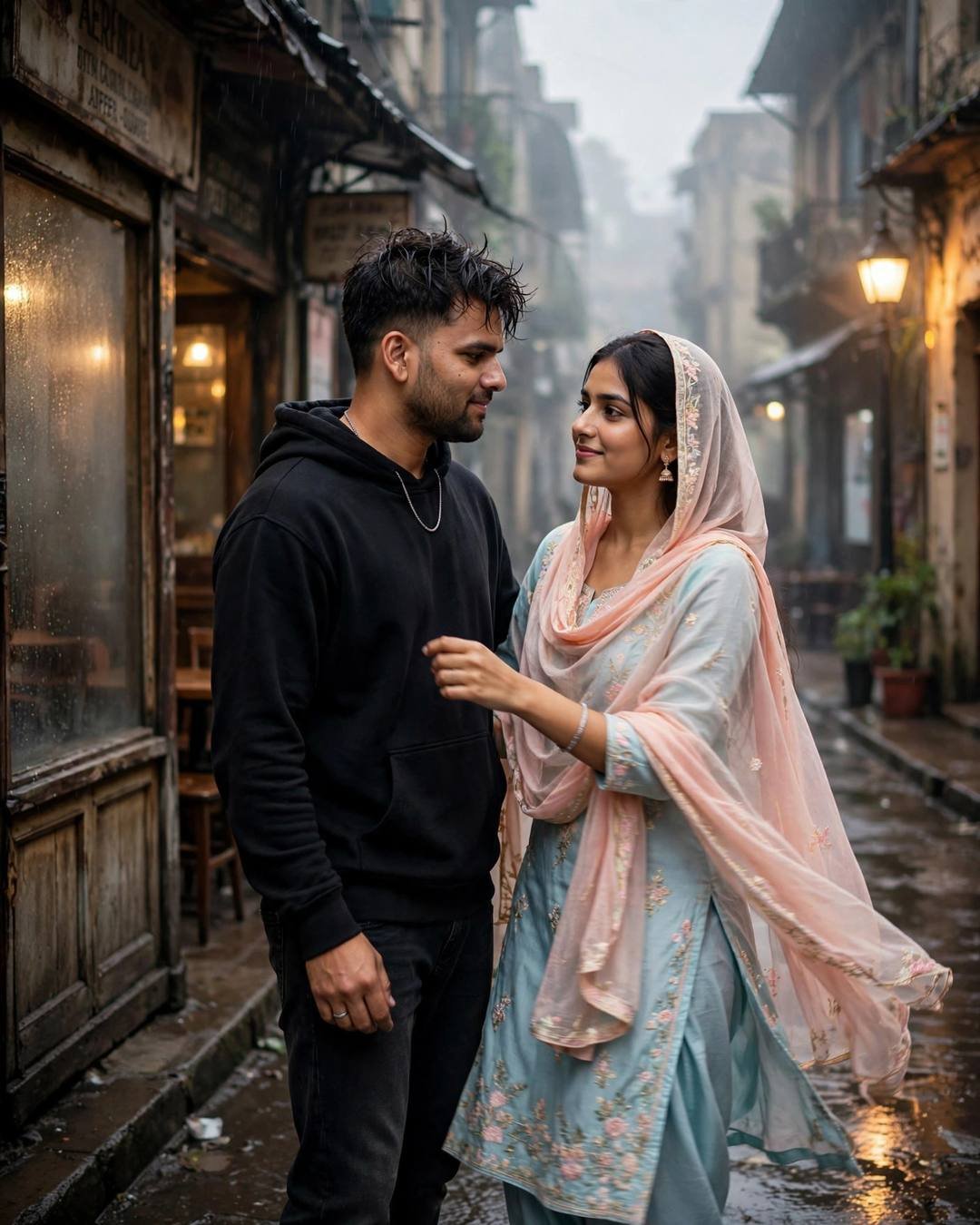 Couple standing in a wet old-city street at night gazing at each other, woman in pastel salwar-kameez with flowing dupatta