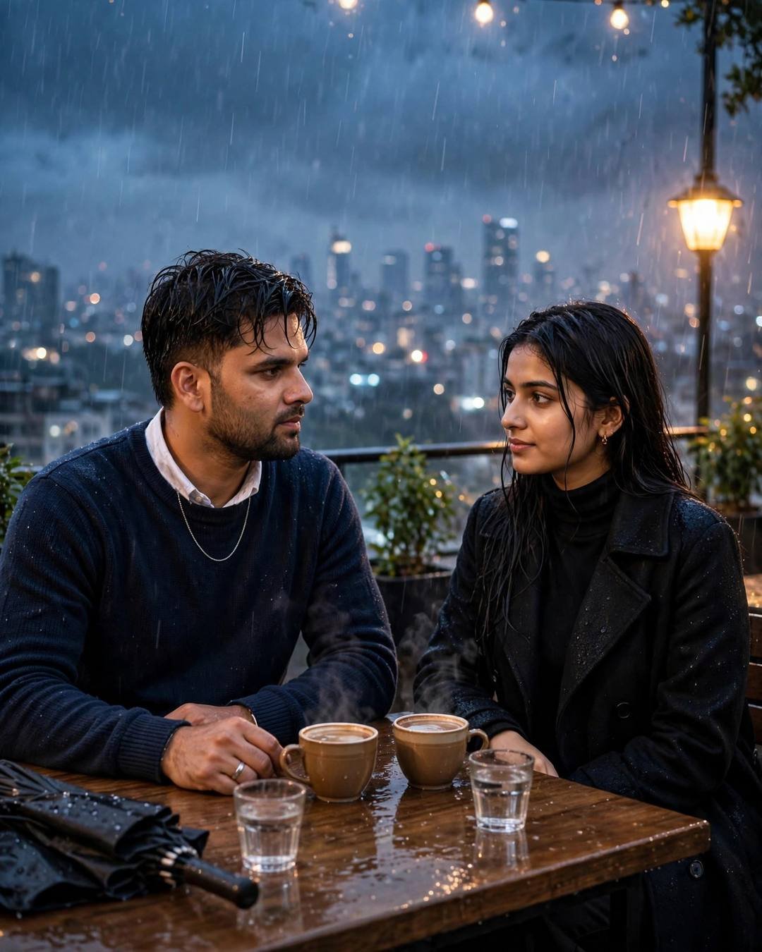 Couple seated across a rooftop table in heavy rain at night, gazing at each other over steaming cups, city lights below