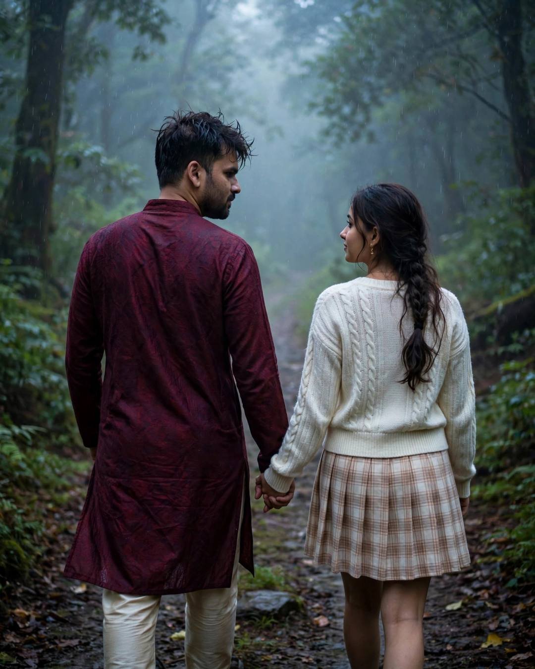 Couple walking hand in hand away down a misty forest path in light rain