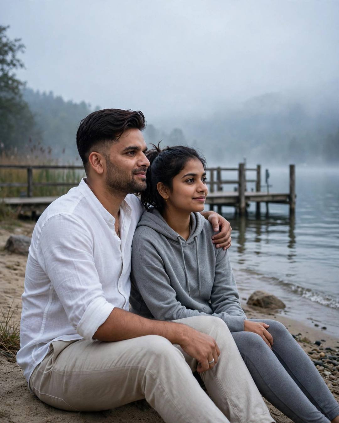 Couple sitting on a lake shore at dawn in mist, his arm around her, wooden jetty fading into fog