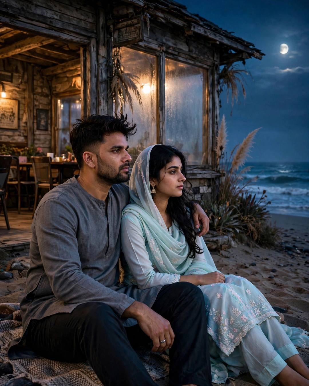 Couple sitting on beach sand at night before an old cafe with glowing fogged windows, gazing at the sea under a full moon