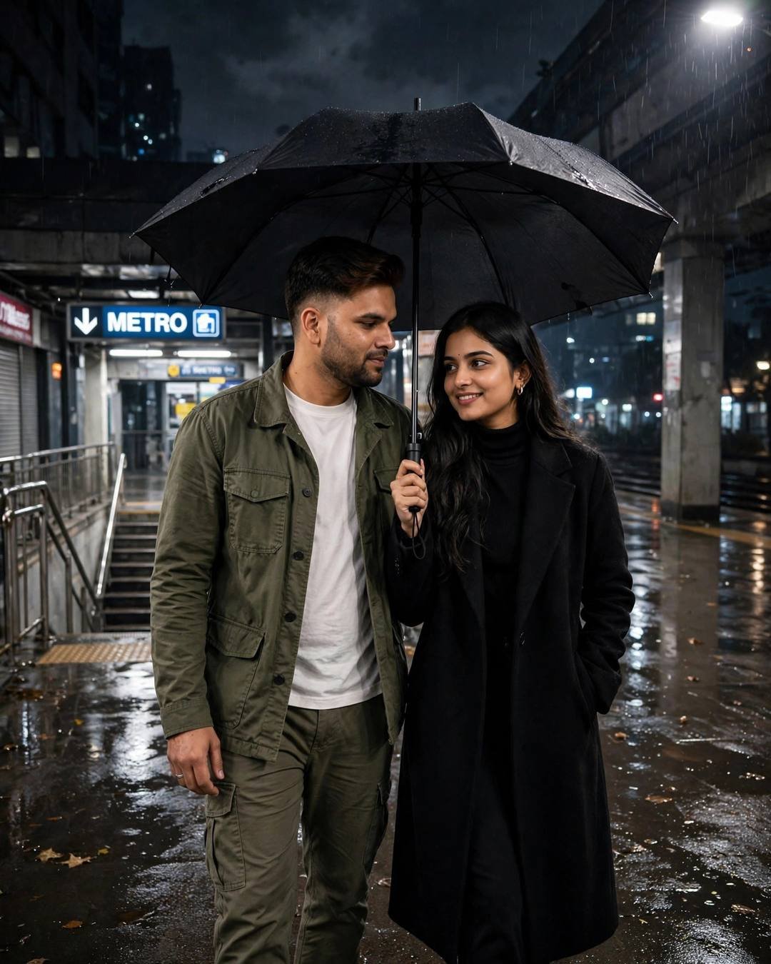 Couple walking under one black umbrella at a midnight metro station, smiling at each other