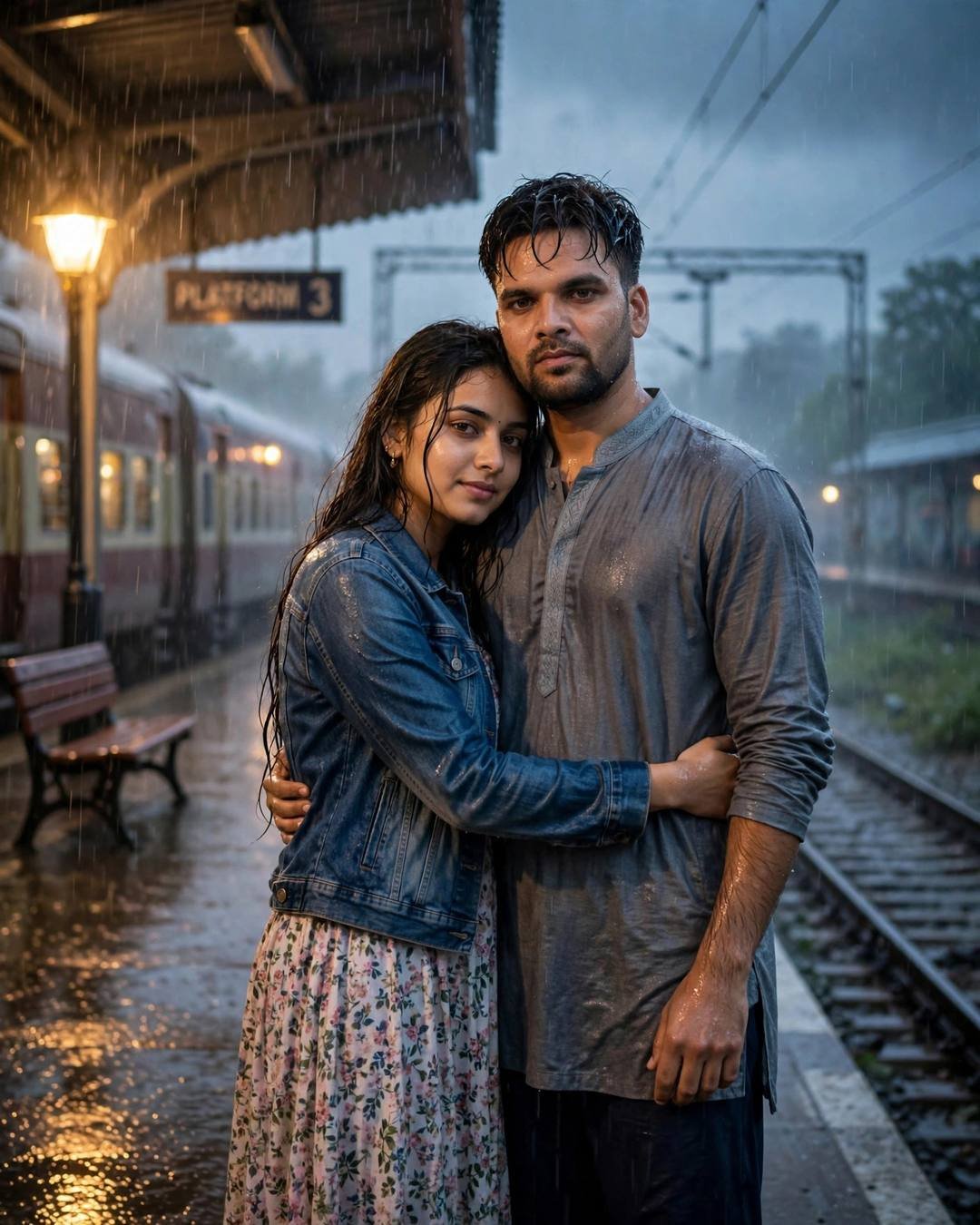 Couple embracing in heavy rain on a railway platform, PLATFORM 3 sign glowing behind them