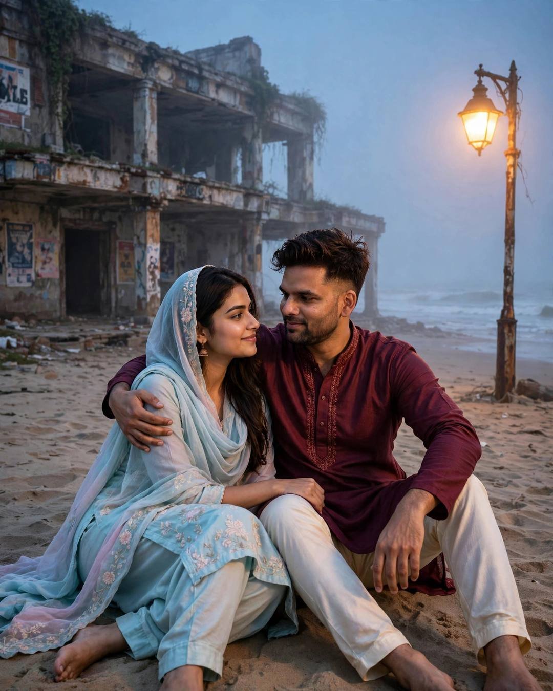 Couple sitting on beach sand before an abandoned cinema hall at blue hour, his arm around her, boats in fog