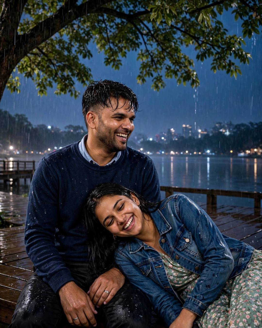 Couple laughing on a wooden lake pier at dawn in drizzle, woman's head in the man's lap, city lights across the water