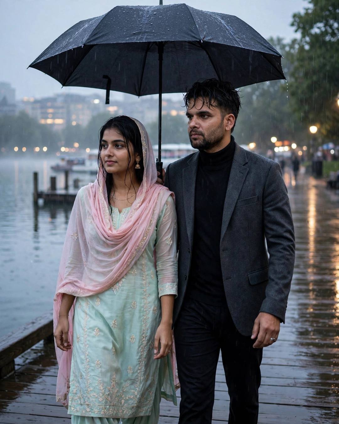 Young Indian couple under one umbrella on a lake pier, man in charcoal blazer, woman in pastel salwar-kameez with pink dupatta, rain-washed pier, city glow