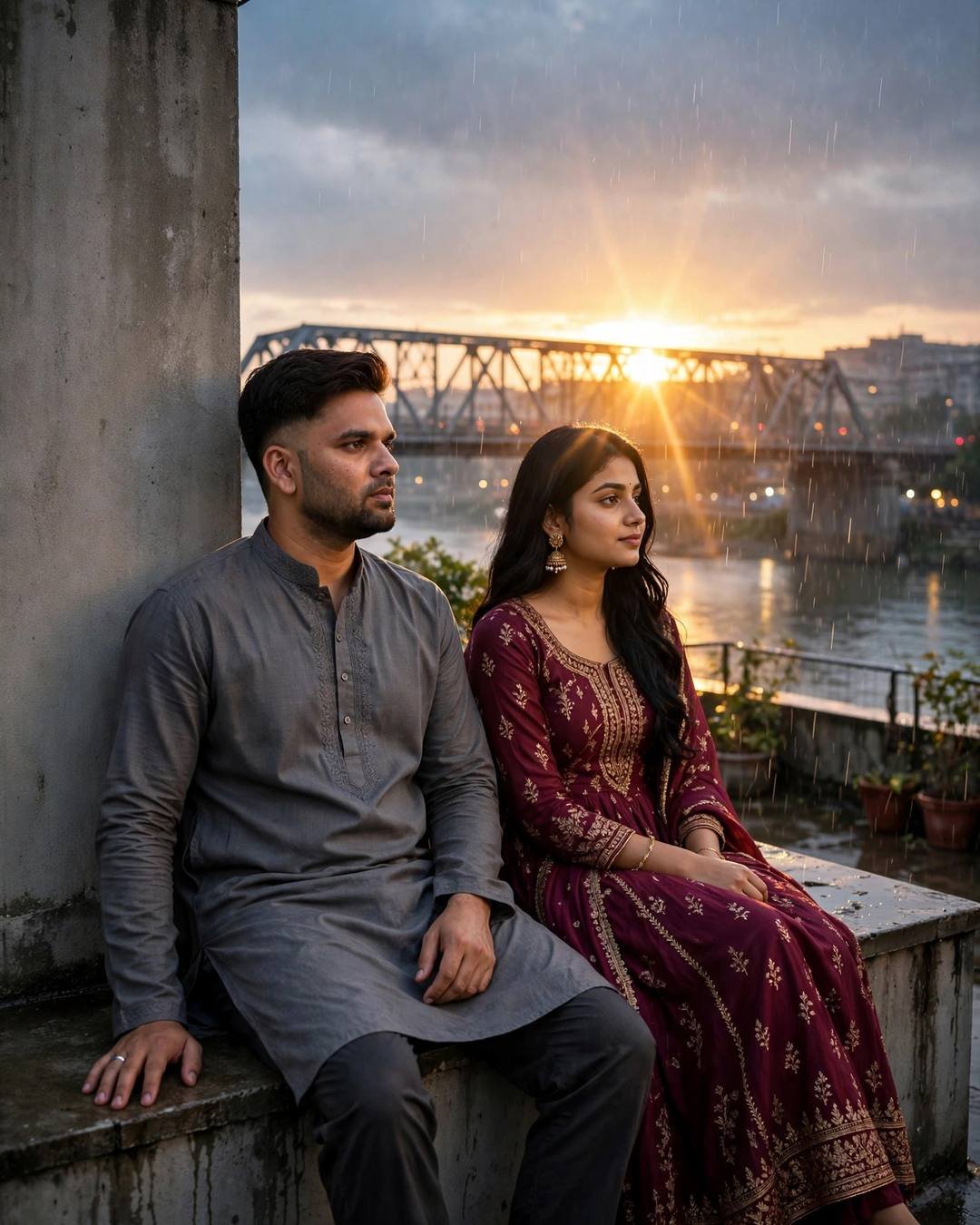 Young Indian couple sitting on a rooftop ledge at sunset, man in grey kurta, woman in maroon anarkali with jhumkas, shopping bags beside them, bridge and river glowing