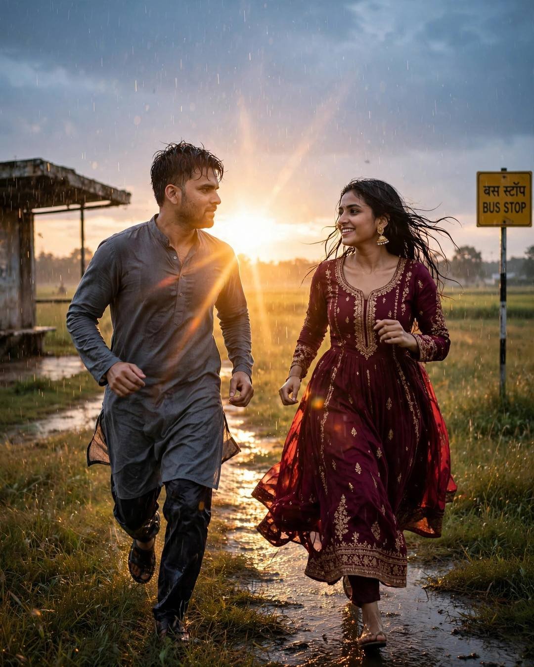 Young Indian couple running across a sunlit field in drizzle, man in grey kurta, woman in maroon anarkali with jhumkas, bus stop sign, golden backlight flare