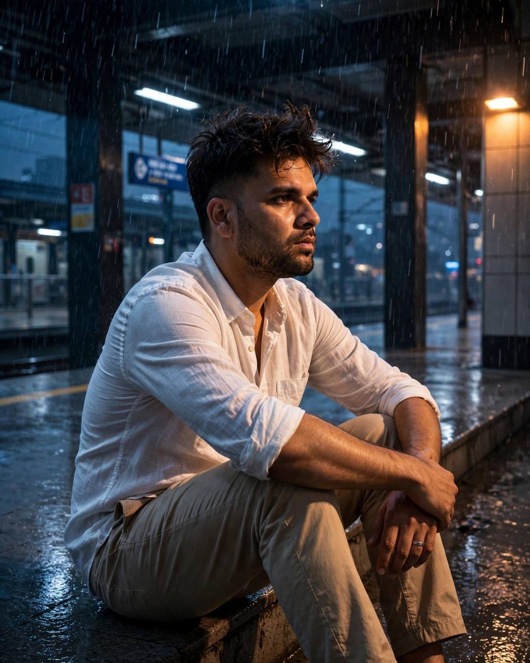 Young Indian man in a white linen shirt sitting alone on a rain-wet midnight metro station platform