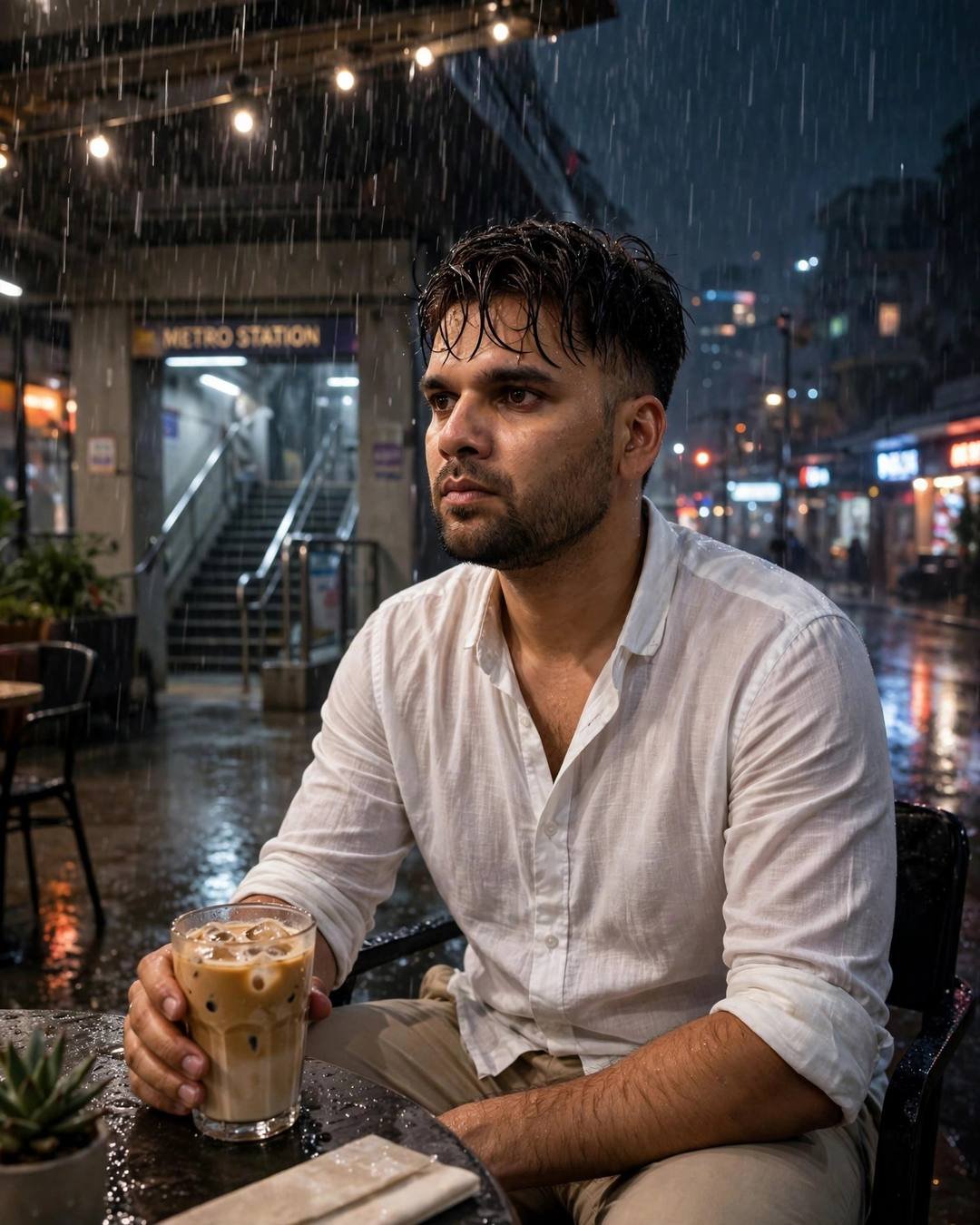 Young Indian man in a white linen shirt at a cafe table in heavy midnight monsoon rain outside a metro station