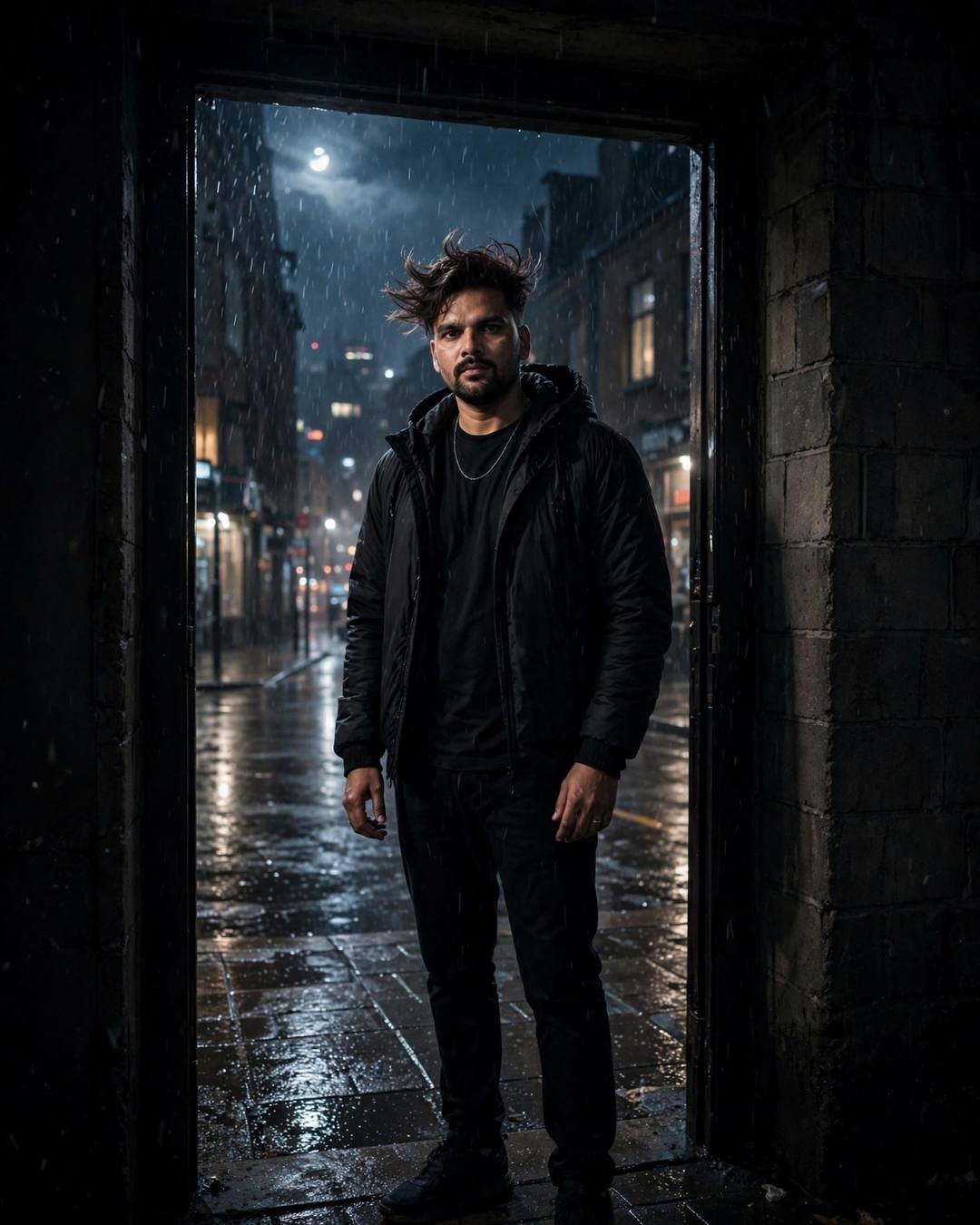 Young Indian man in all-black streetwear standing in a dark doorway on a moonlit rain-soaked street