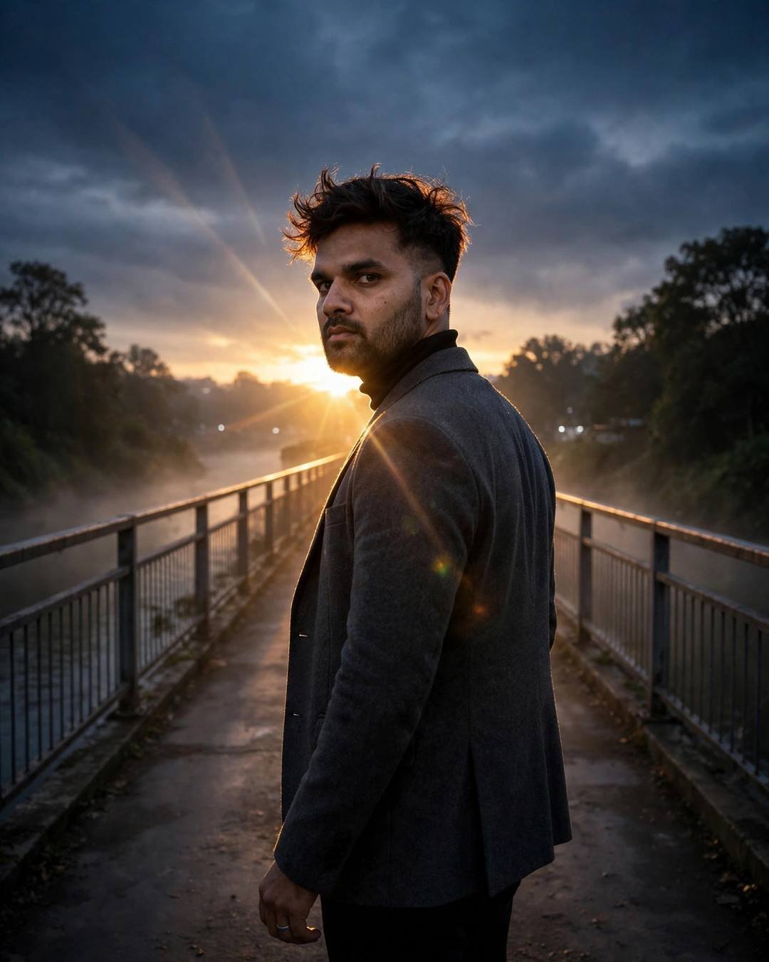 Young Indian man in charcoal blazer walking on a bridge over a misty river at sunset, looking back over shoulder into golden lens flare