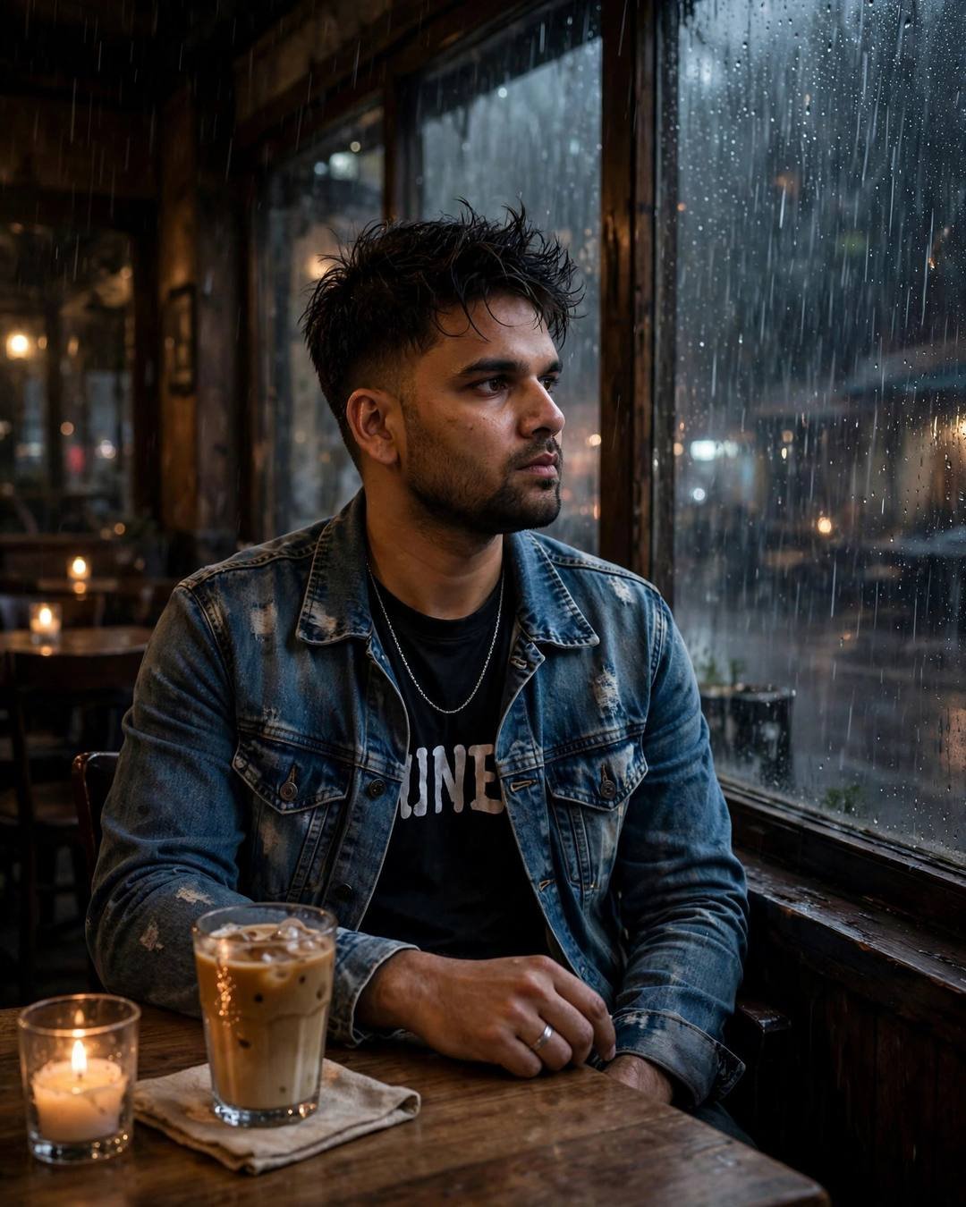 Young Indian man in distressed denim jacket sitting at a cafe table with cold coffee, staring through rain-streaked window, candlelight in old cafe at midnight