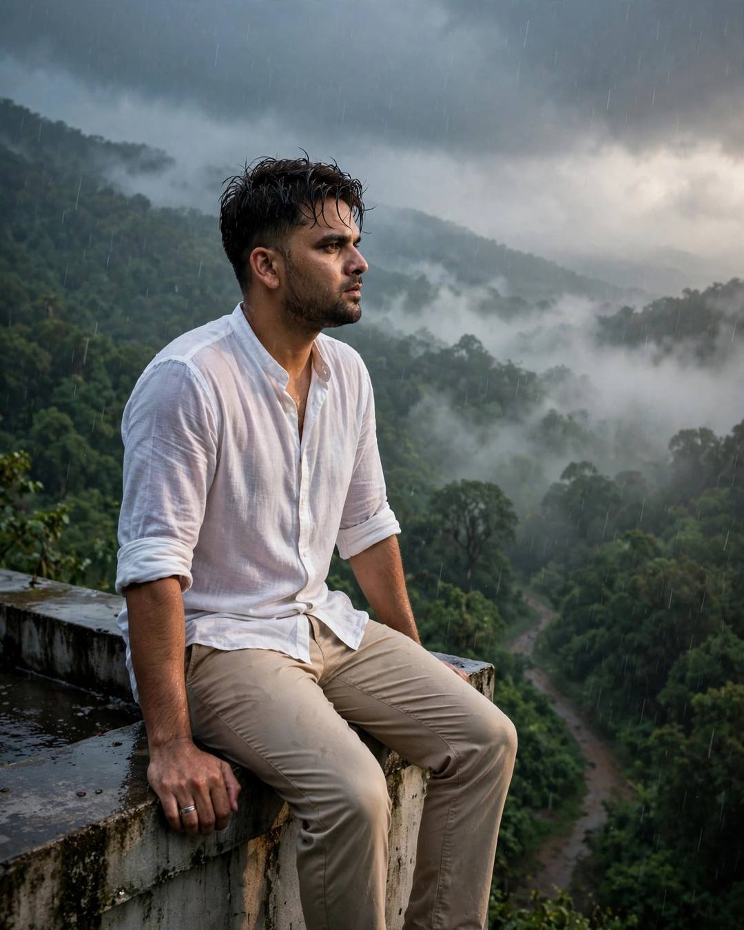 Young Indian man in white linen shirt sitting on a ledge with legs dangling over a misty forested valley in monsoon rain