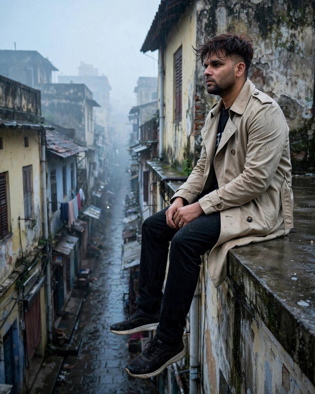 Young Indian man in beige trench coat carrying a sleeping small daughter on his shoulder through a foggy old-city lane at dawn, light rain, peeling walls