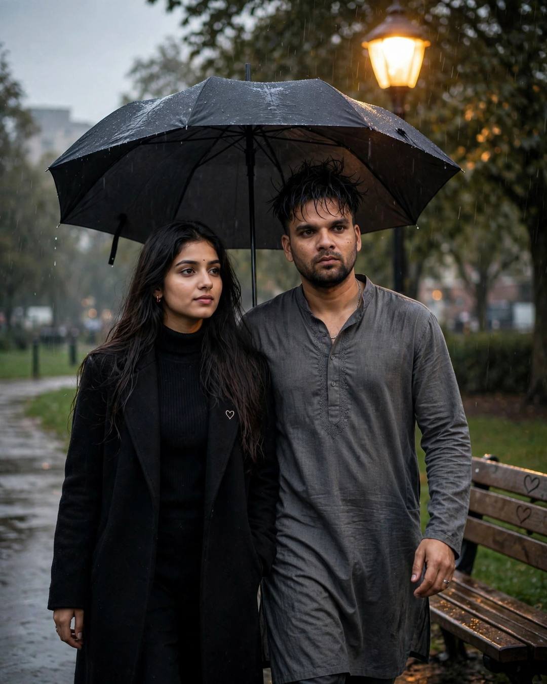 Young Indian couple under one umbrella in a park at dusk, man in grey kurta, woman in black turtleneck and long coat, sodium streetlamp glowing, heart carvings on bench