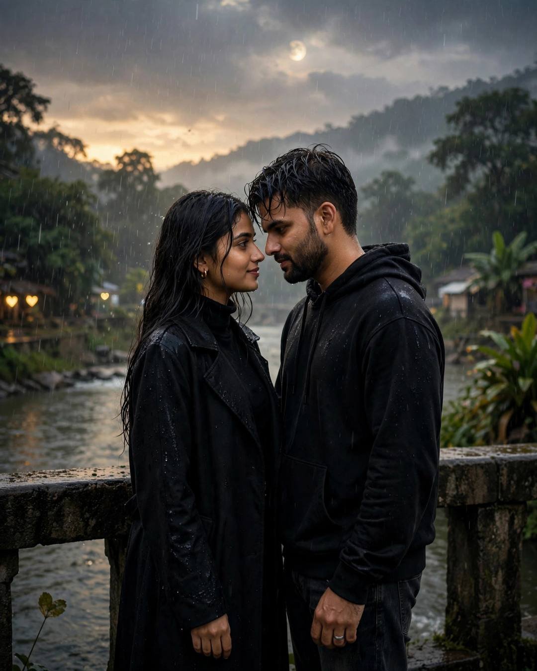 Young Indian couple face to face with foreheads almost touching on a bridge over a river in heavy monsoon rain at dusk, man in black hoodie, woman in black coat, moonlit clouds