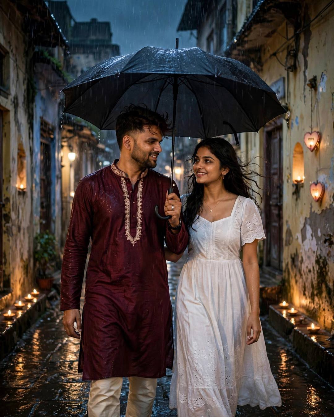 Young Indian couple under one umbrella in a narrow old-city lane at night, man in maroon kurta, woman in white dress, diyas and heart lamps glowing on walls, rain-washed stones