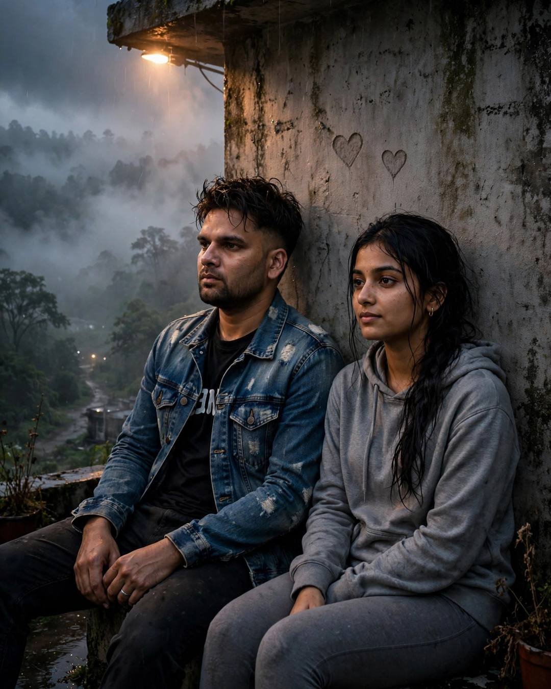 Young Indian couple sitting with backs against a wall, man in denim jacket, woman in grey hoodie, misty forest behind, warm lamp glow, heart carvings on wall