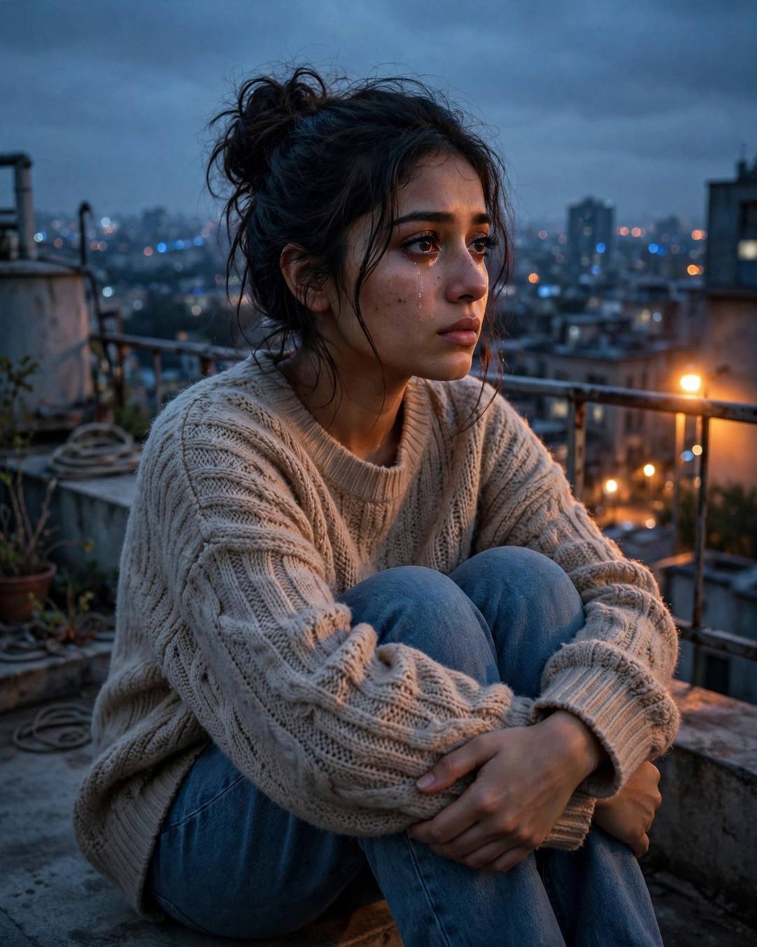 Young Indian woman with messy bun in beige sweater sitting with knees drawn up on a rooftop at blue hour, tear on cheek, city lights behind