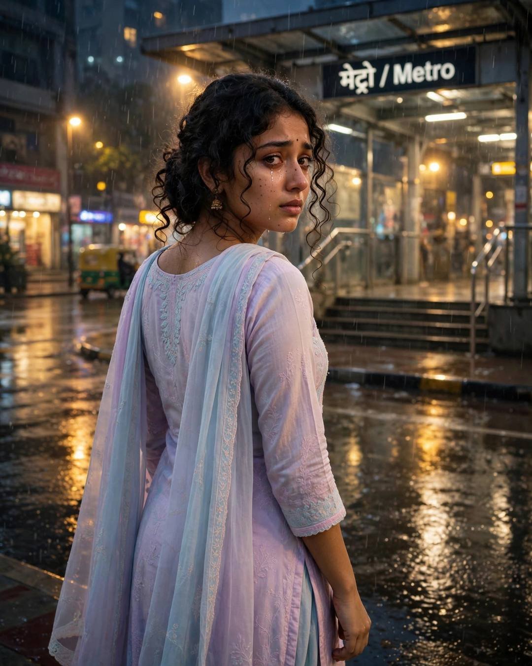 Young Indian woman in pastel salwar-kameez with dupatta at a rainy metro station entrance at night, looking back over shoulder with tear on cheek