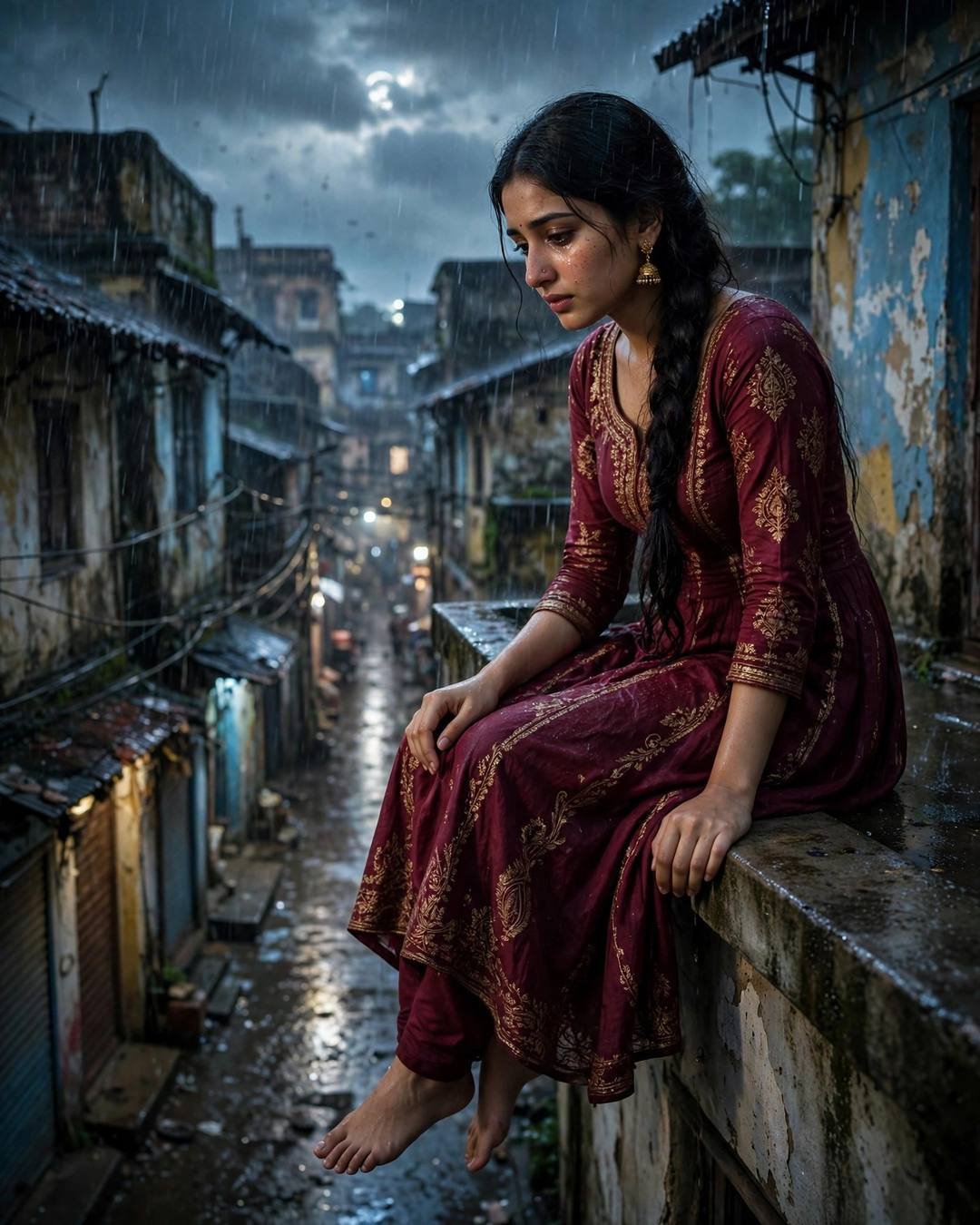 Young Indian woman in maroon anarkali with jhumkas sitting on a rooftop ledge with legs dangling over a narrow old-city lane in heavy monsoon rain at night
