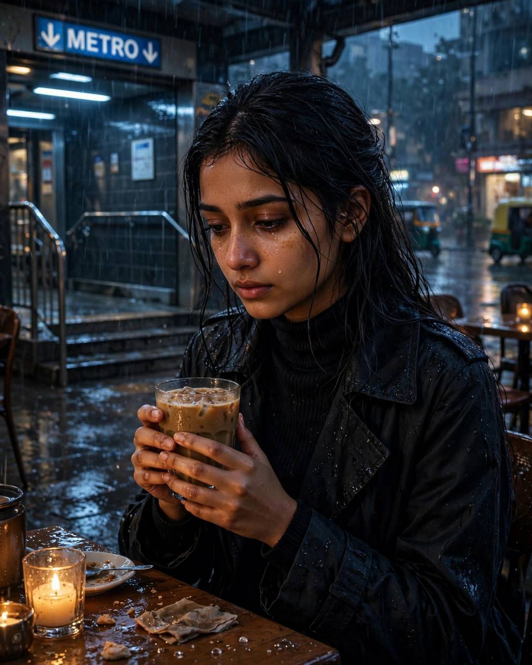 Young Indian woman in black turtleneck and long coat with wet hair sitting at a cafe table outside a metro station at night, cradling cold coffee, tear on cheek, candlelight