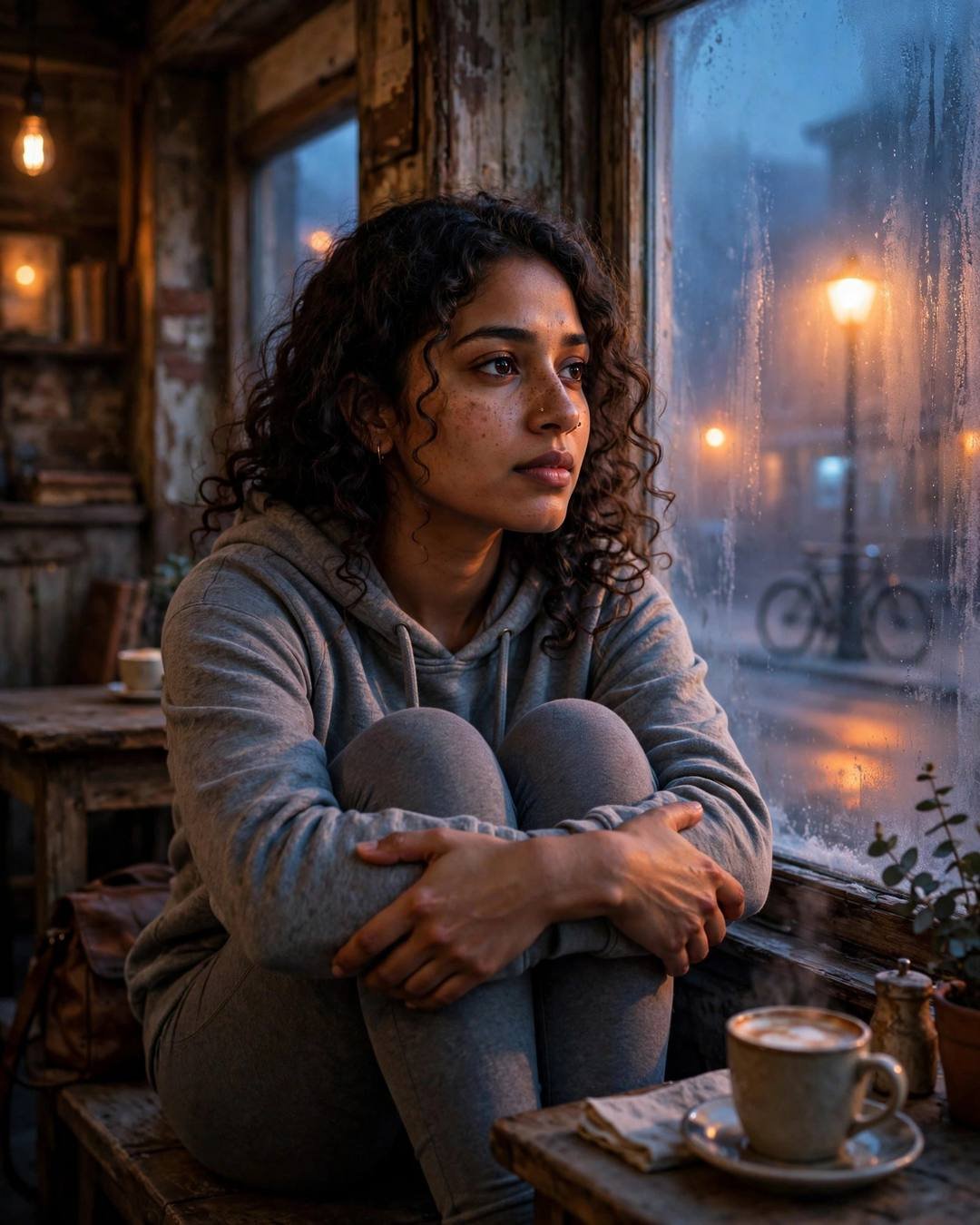 Young woman in a grey hoodie sitting with knees drawn up at a fogged cafe window at night, coffee on the table, streetlamp glowing