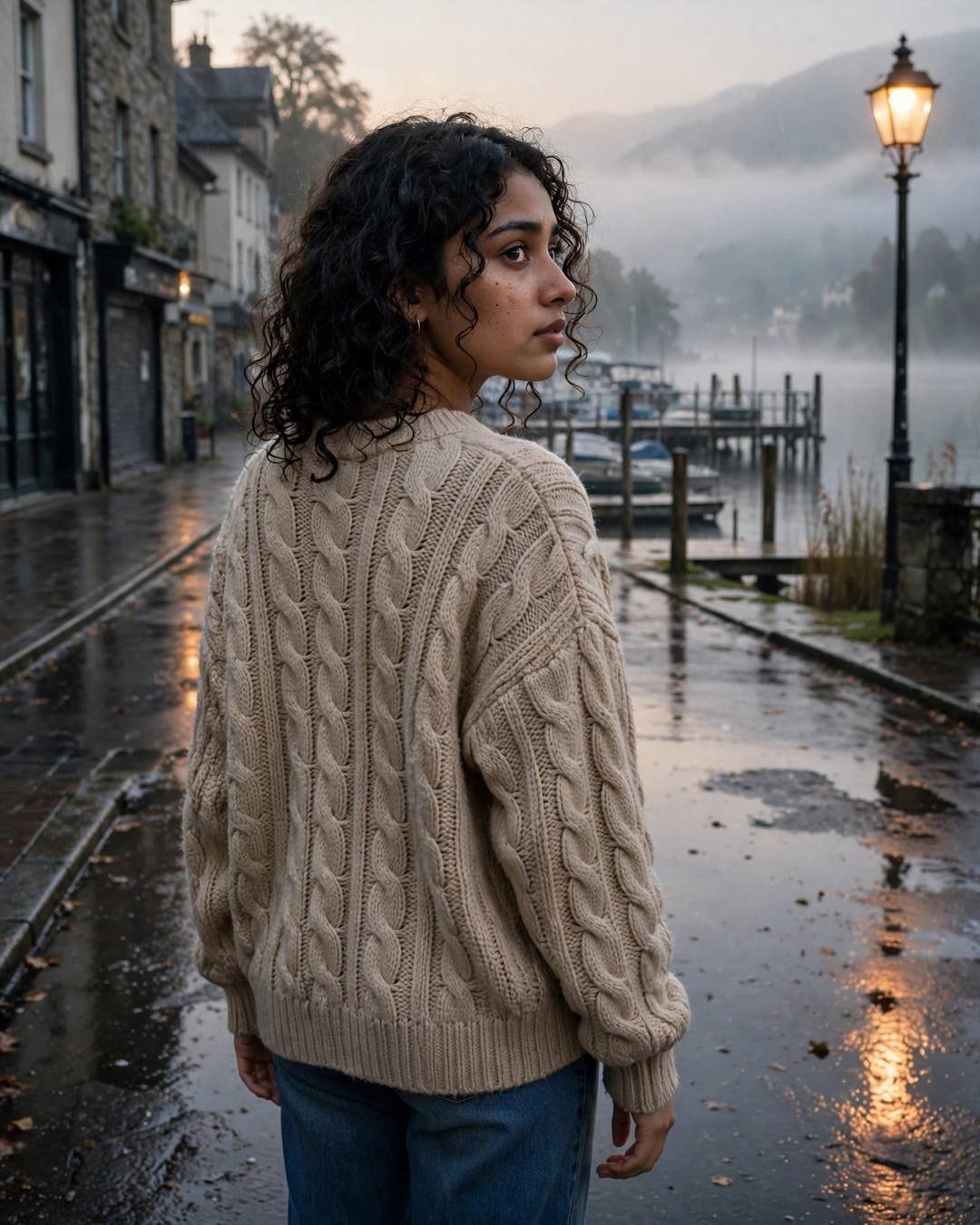 Young woman in a beige sweater standing with her back to the camera at a misty lake pier at dawn, looking over her shoulder
