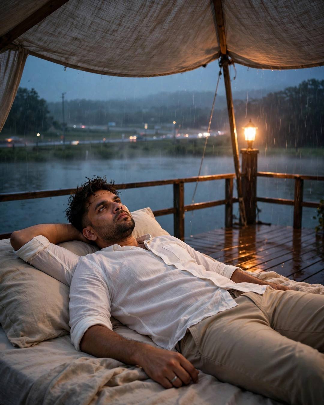 Young man in a white linen shirt reclining on a bed at a misty lake pier at dawn, amber lamp glowing through drizzle